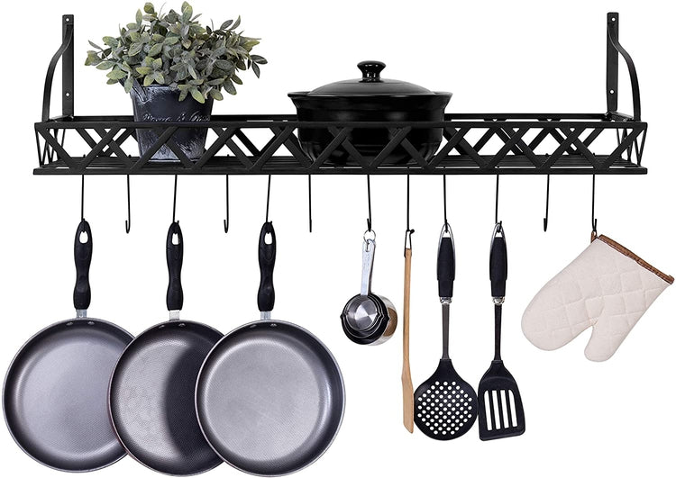 36-Inch Wall Mounted Black Metal Kitchen Cookware Storage Rack, Floating  Pot Hanger Shelf with 12 Removable Hooks