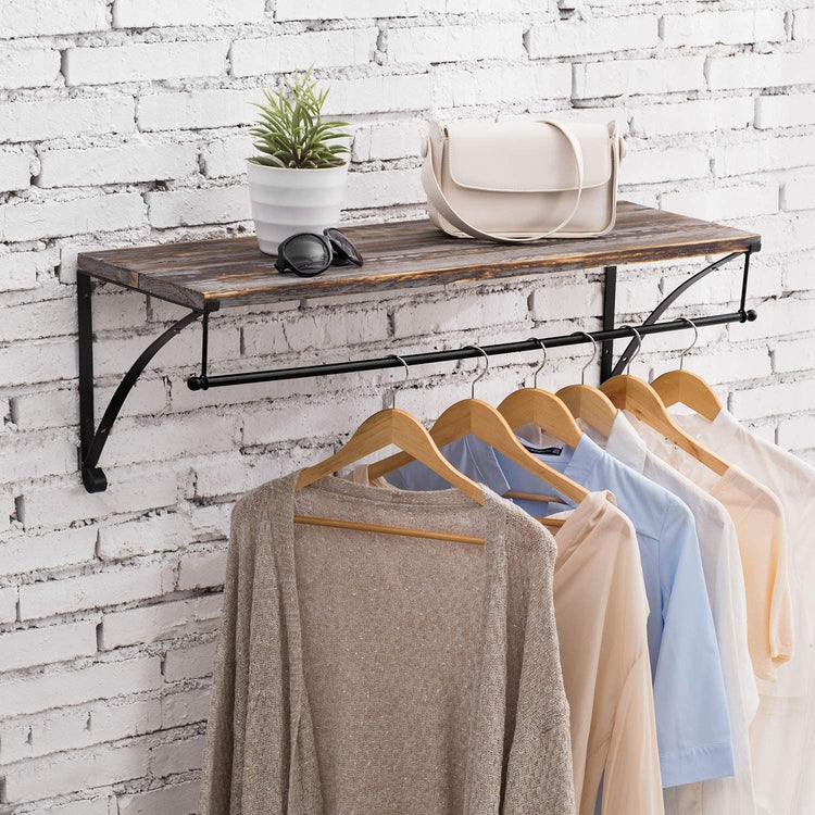 Wall Mounted Rustic Torched Wood Floating Shelf with Black Metal Garment Rack-MyGift