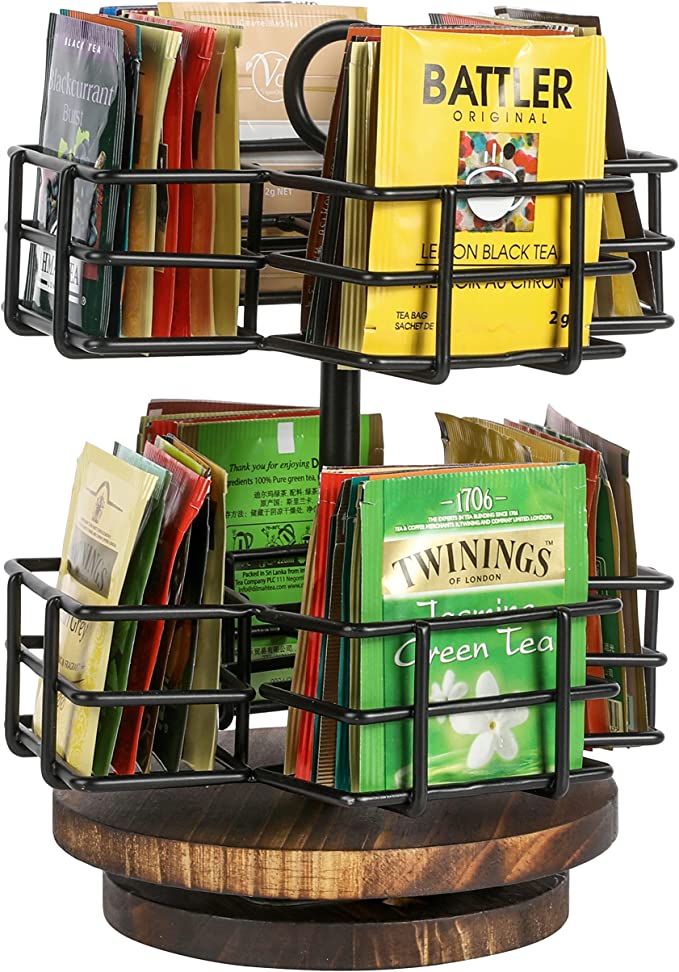 Industrial Matte Black Metal Wire Baskets and Rustic Burnt Wood Carousel Style Tea Bag Organizer Rack Display-MyGift