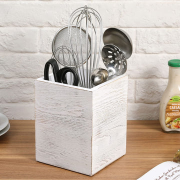 MyGift Wall Mounted Whitewashed Wood Utensil Holder Kitchen Organizer with 3 Compartments and Corrugated Galvanized Metal Accent, Countertop Buffet