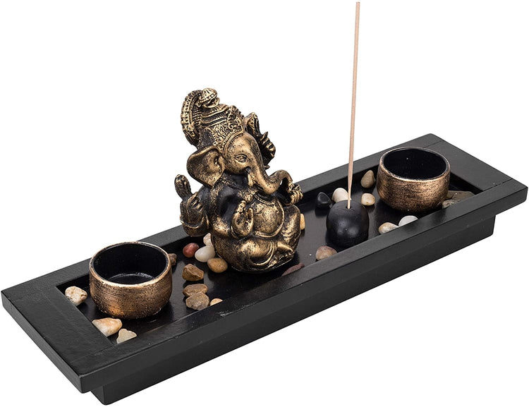 Ganesh Statue Incense Stick Burner Tray with Candle Holders-MyGift