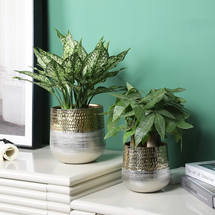 Set of 2, Round Indoor Planter Pot, Hammered Brass and Milled Embossed Silver Tone Metal Planter Vase-MyGift