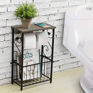 Gray Wood and Industrial Metal Pipe Freestanding Toilet Paper Roll Holder  Stand with Reserve Storage and Top Shelf Tray