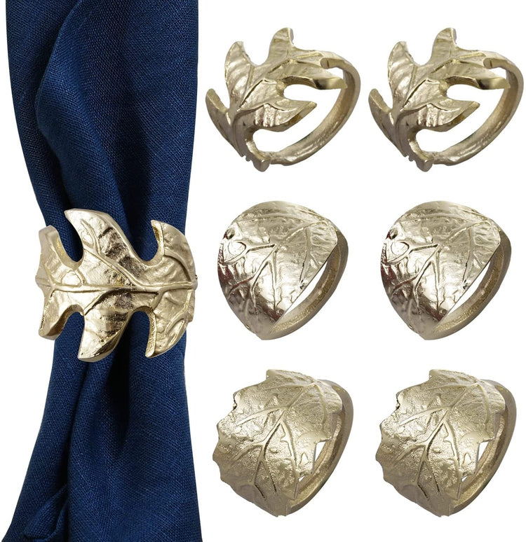 Set of 6, Leaf Napkin Rings, Brass Tone Cast Aluminum Napkin Holder with Foliage Design, Cloth Serviette Holders-MyGift