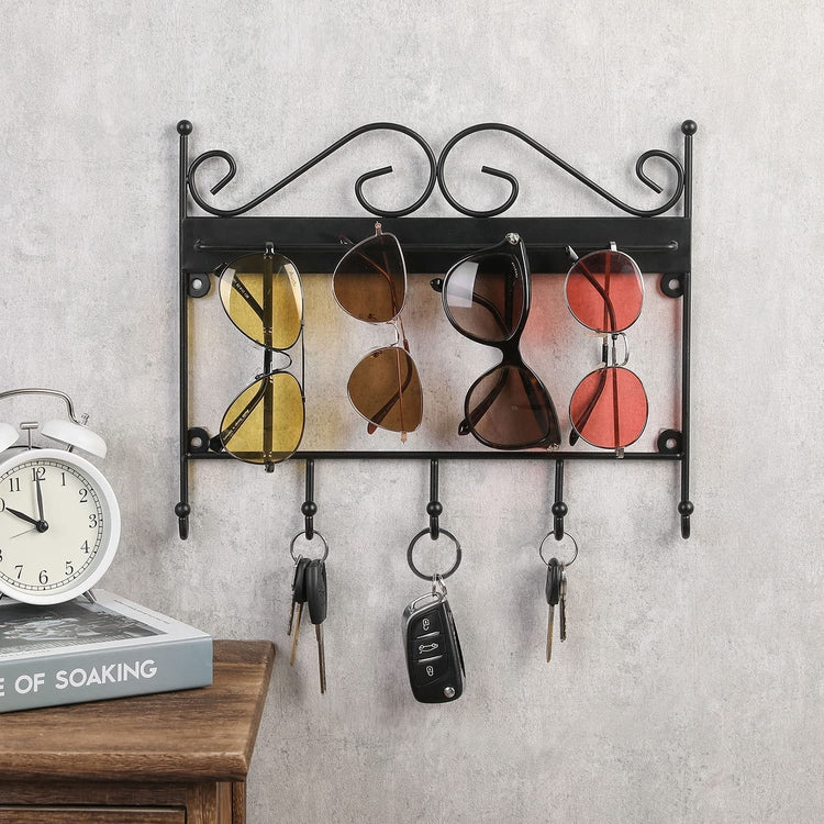 Black Metal Wire Hanging Sunglasses Holder for Home Wall Key Rack with 5 Hooks and Scrollwork Design-MyGift