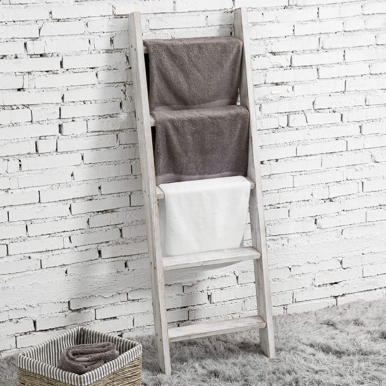 Whitewashed Wood Wall Leaning Towel & Blanket Ladder Rack-MyGift