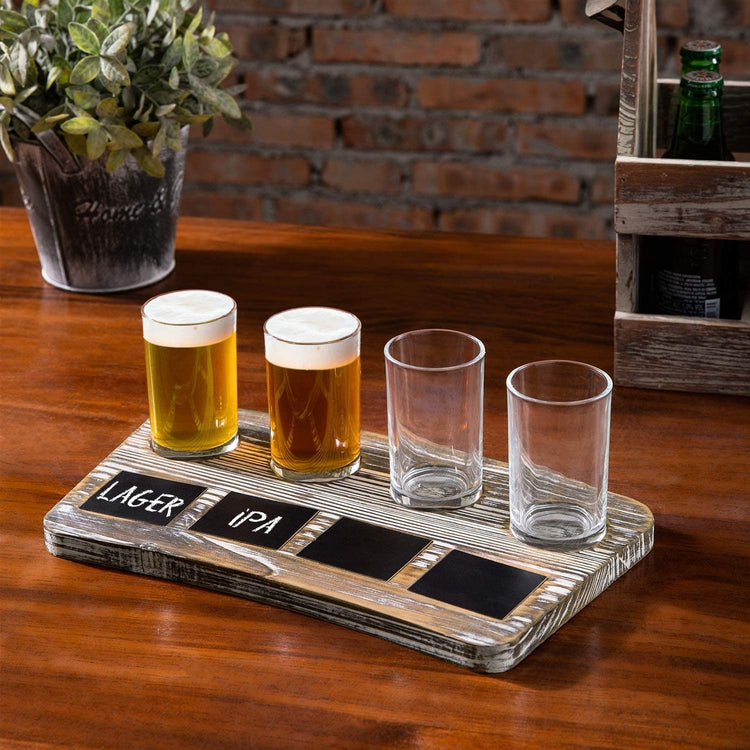 Beer Sampler Tray Torched Wood Serving Set with 4 Glasses and
