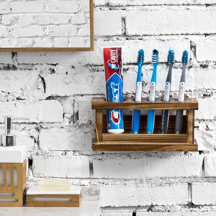 4-Slot Burnt Wood Wall Mounted Toothbrush and Toothpaste Holder Rack-MyGift