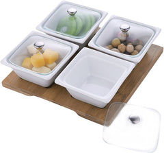 White Ceramic Condiment Snack Bowl Set with Glass Lids and Bamboo Serving  Tray