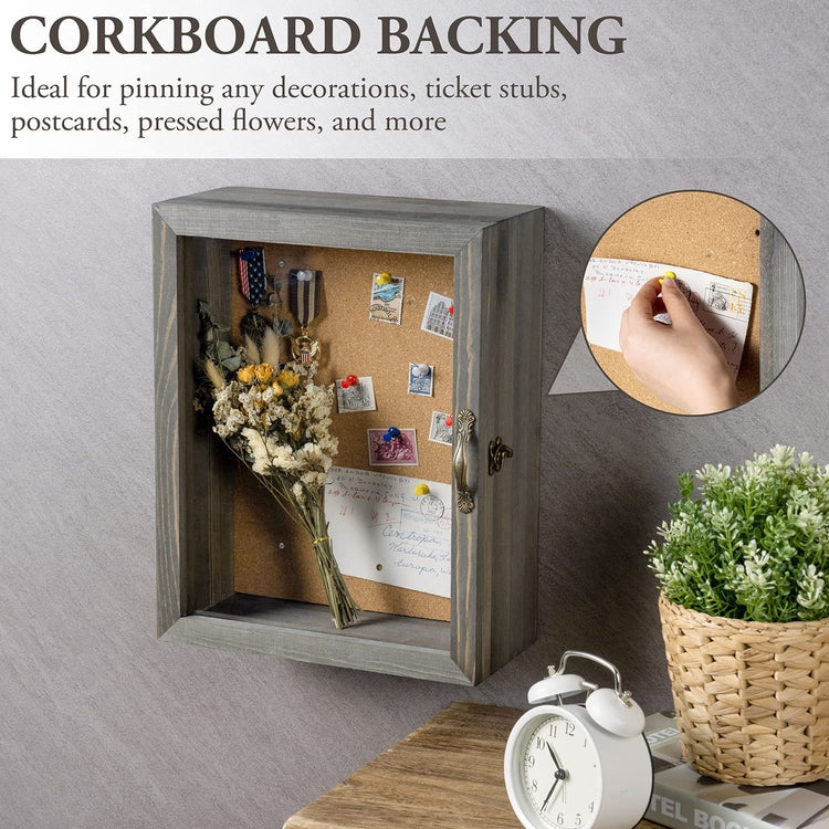 11x14 Gray Wood Shadow Box with Cork Backing, Wall Mounted Display Case with Clear Acrylic Front Window Panel-MyGift