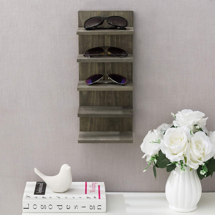 Vintage Gray Wood Wall Mounted Sunglasses Eyewear Organizer Holder Display Rack-MyGift