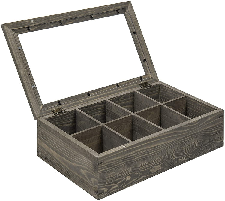 8 Compartment Gray Wood Tea Bag Storage Chest with Clear Lid, Magnetic Lid Tea Box-MyGift