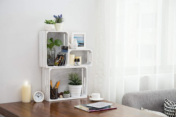 Set of 3, Vintage White Wood Nesting Storage Crates-MyGift