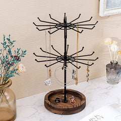 Dark Brown Coffee Tone Jewelry Organizer Stand, Metal Necklace Hanger and  Earring Storage with Wooden Ring Tray Base