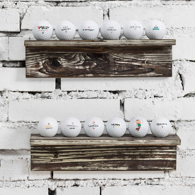 Set of 2, 12-inch Wall Mounted Rustic Torched Wood Golf Ball Display Rack-MyGift