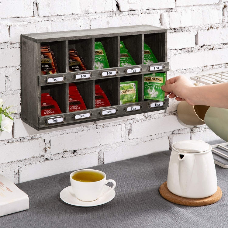 Amazon.com: Koluti Tea Bag Holder Organizer 2 Tier, Stackable Wall-mounted  Tea Storage Cabinet Stand with Removable Tray Basket, Coffee and Sugar  Packet Rack for Counter, Holds 120 Tea Bags, Matte Black Metal: