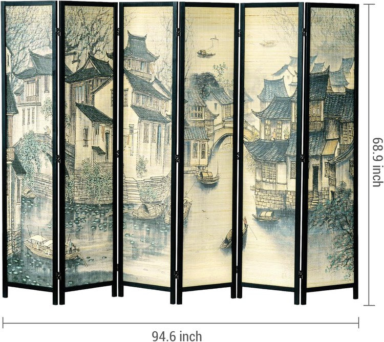 Paneled Freestanding Bamboo Room Divider Privacy Partition with Dual-Sided Asian Village Print Black Wood Folding Screen-MyGift