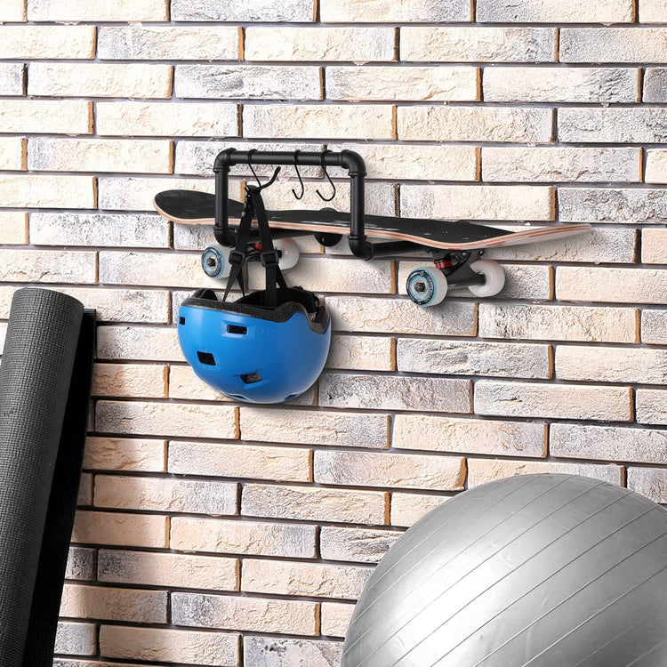 Industrial Design Black Metal Pipe Skateboard, Longboard Wall Mounted Storage Display Rack with 3 Hanging S-Hooks-MyGift