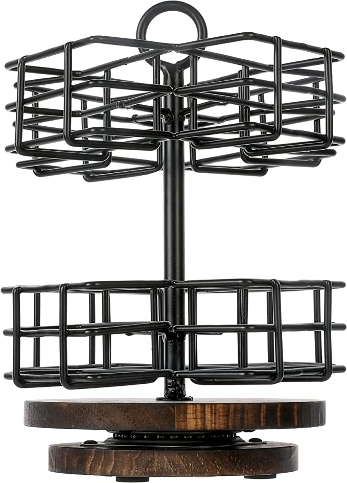 Industrial Matte Black Metal Wire Baskets and Rustic Burnt Wood Carousel Style Tea Bag Organizer Rack Display-MyGift