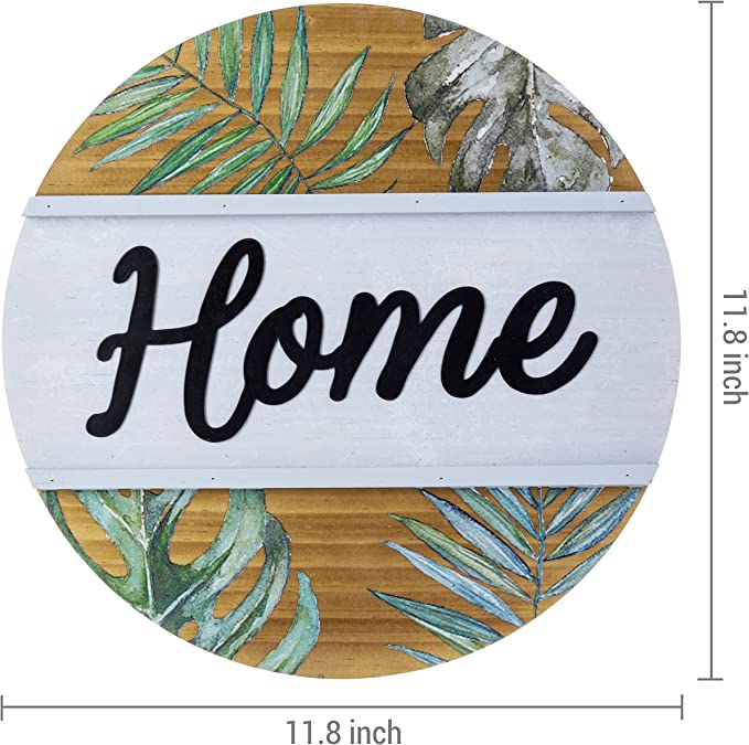 Shabby Chic Round Wooden Wall Hanging HOME Sign with Palm Leaf and Fern Design-MyGift