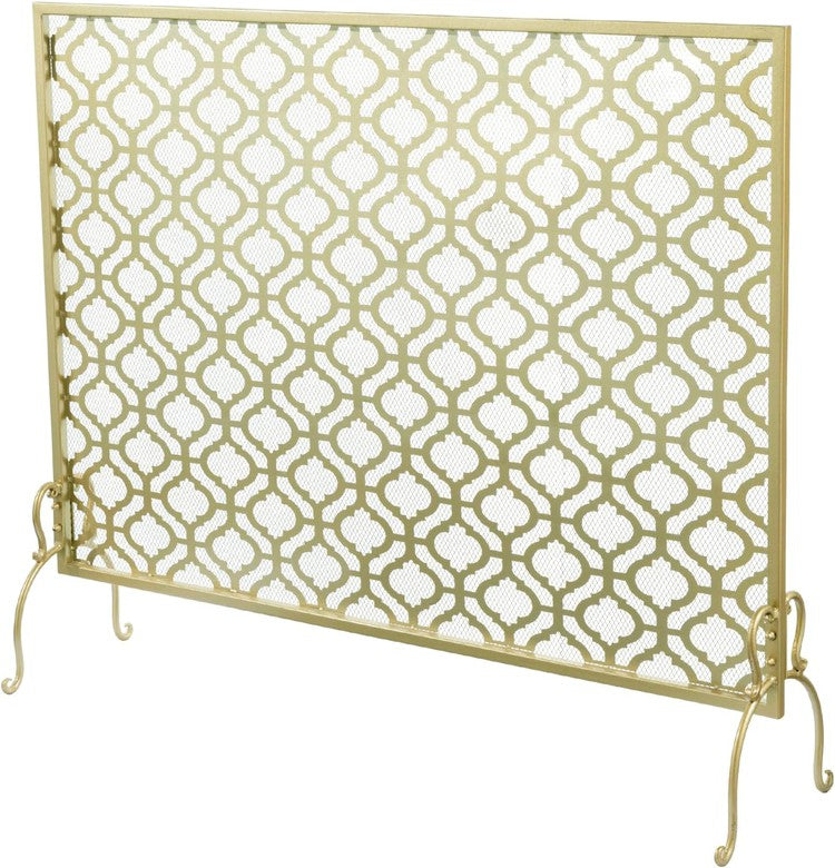 Brass Tone Metal Fireplace Screen with Vintage Moroccan Arabesque Pattern-MyGift