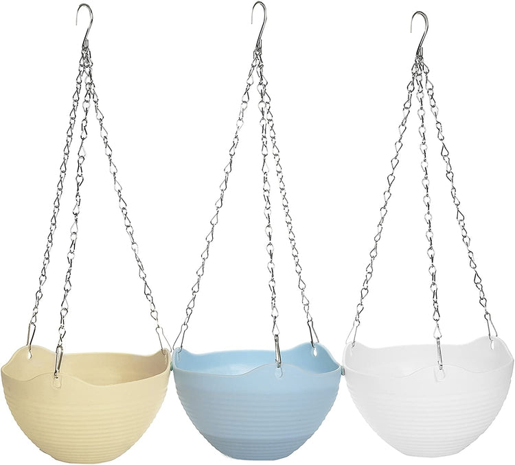 Set of 3, Multi Colored Self-Watering Flower Pot, Hanging Planter with Chain (Blue, Yellow, White)-MyGift