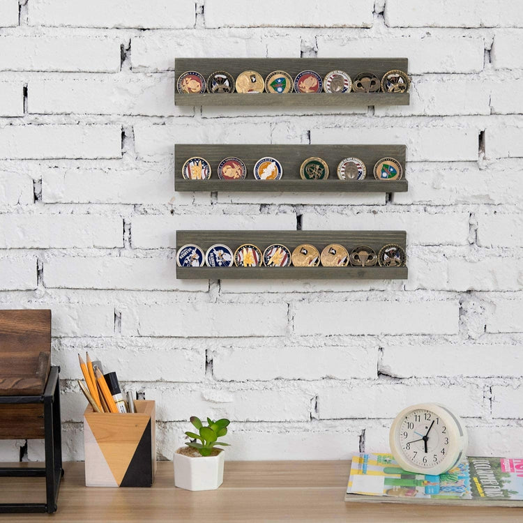 Set of 3, Wall Mounted Gray Wood Military Coin Holder and Casino Chip Display Shelf-MyGift