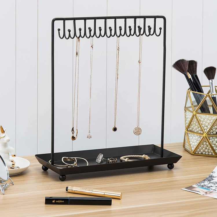 Tabletop Black Metal Jewelry Display Stand with 20 Necklace Hook and Ring & Bracelet Tray-MyGift