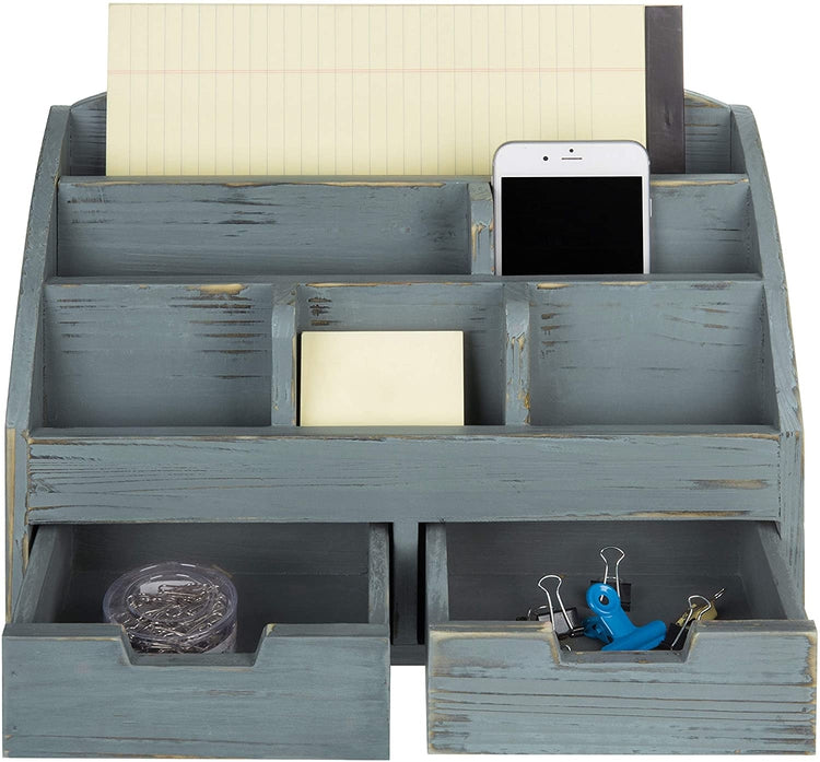 6-Compartment Dark Grey Distressed Wood Desk Organizer with 2 Drawers-MyGift