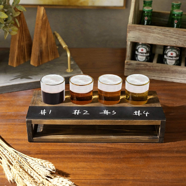 Dark Brown Burnt Wood Beer Flight Sampler Tray with 4 Beer Glasses and Erasable Chalkboard Label-MyGift