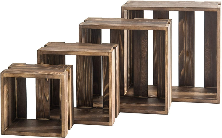 Set of 4, Burnt Wood Dark Brown Nesting Crate Riser Stands-MyGift