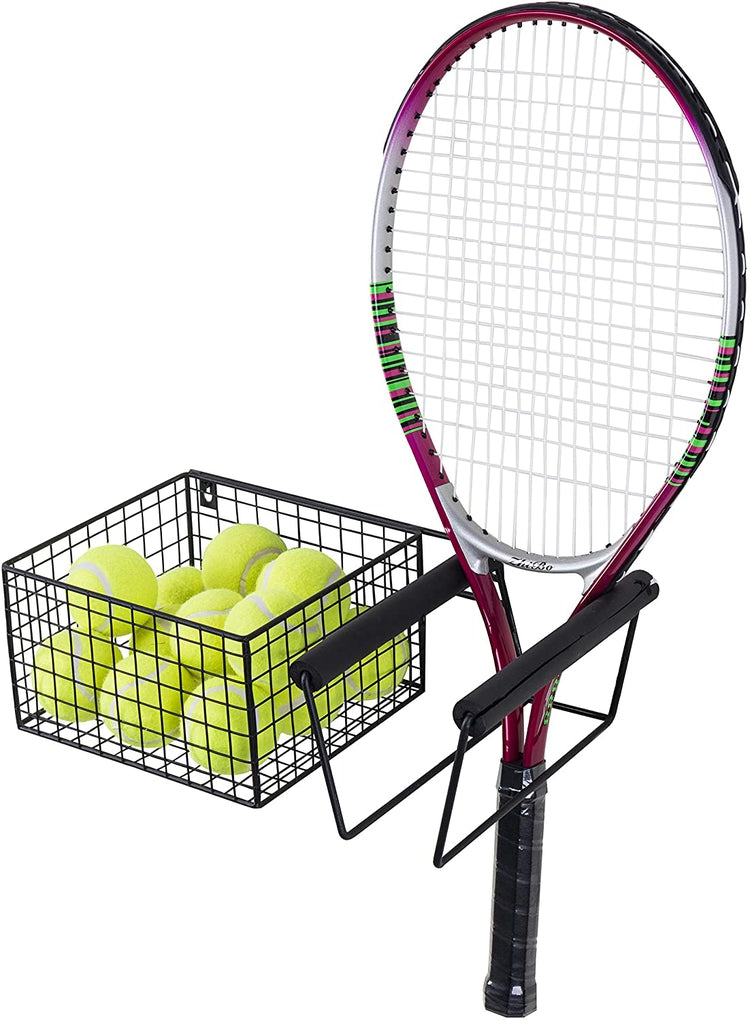 Wall Mounted Metal Tennis Racket Holder with Ball Storage Basket-MyGift