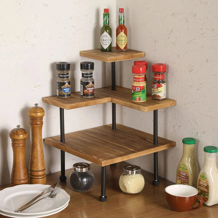 3-Tier Whitewashed Brown Wood Kitchen Counter Top Corner Organizer Shelf