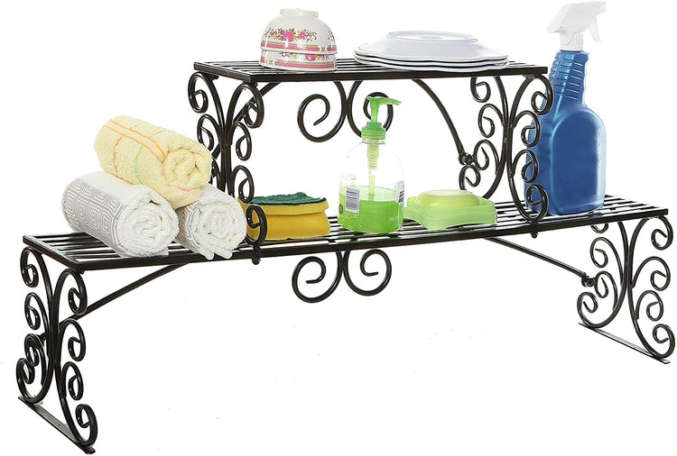 2 Tier Over-the-Sink Black Metal Scrollwork Design Storage Shelf Rack-MyGift