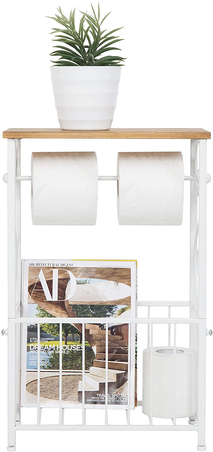 Brown Wood, White Metal Scroll Bathroom Storage Table with Toilet Paper Dispenser and Magazine Rack-MyGift