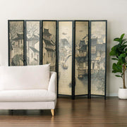 Paneled Freestanding Bamboo Room Divider Privacy Partition with Dual-Sided Asian Village Print Black Wood Folding Screen-MyGift