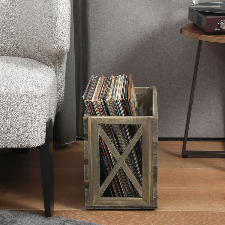 Gray Wood Vinyl Album Record Holder Rustic Crate Style Bin, Fits up to 12-inch Records-MyGift