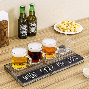 MyGift Dark Brown Slatted Wood Beer Flight Tasting Sampler Tray with 4 Glass Cups and Mini Chalkboards