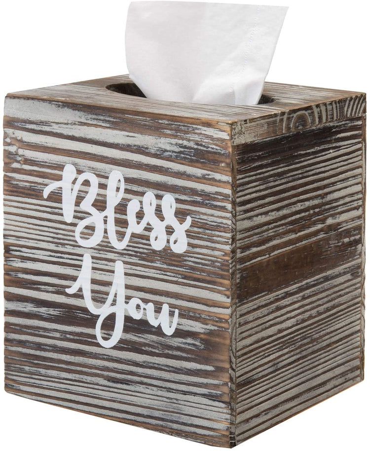 Burnt Brown Wood Square Facial Tissue Box Cover with Hinged Lid