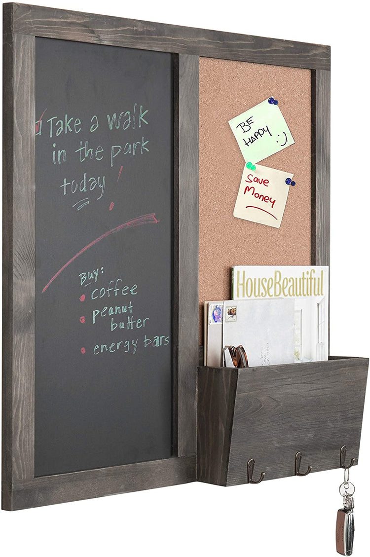 Wood Note Board Entryway Organizer With Chalkboard & Corkboard