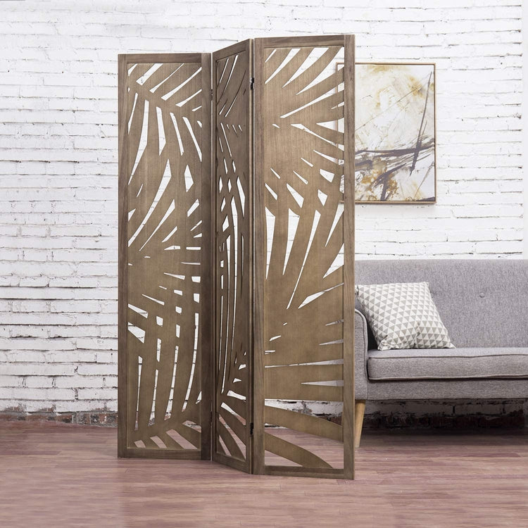 3 Panel, Brown Wood Tropical Palm Leaf Cutout Decorative Room Divider-MyGift