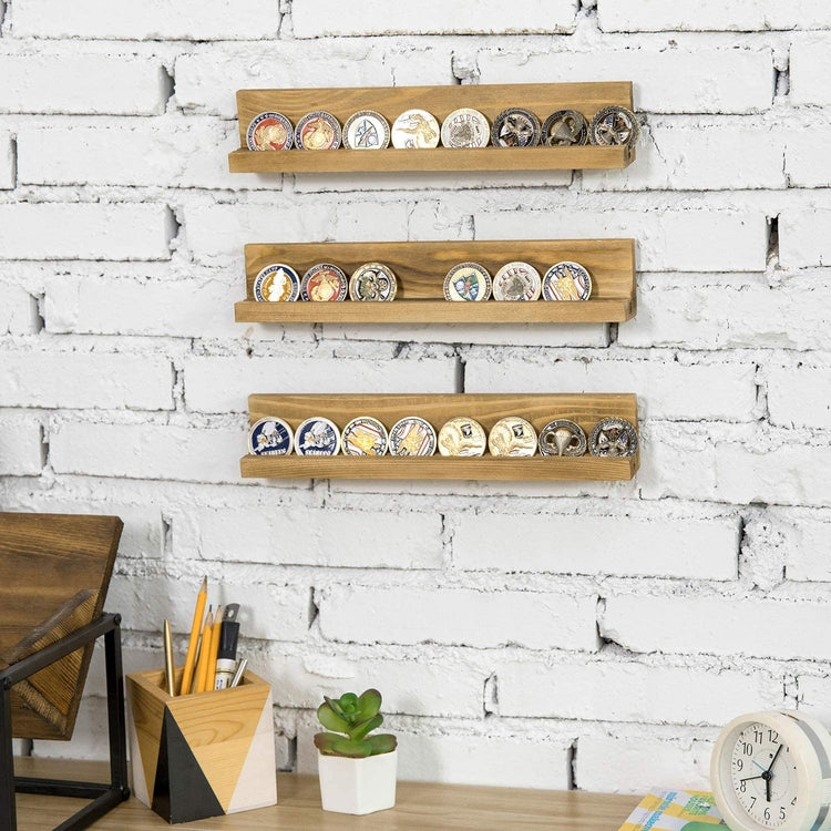 Set of 3, Brown Burnt Wood Challenge Coin Holder, Casino Chip Display Wall Shelf Rack-MyGift