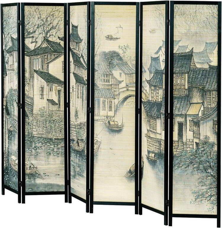 Paneled Freestanding Bamboo Room Divider Privacy Partition with Dual-Sided Asian Village Print Black Wood Folding Screen-MyGift