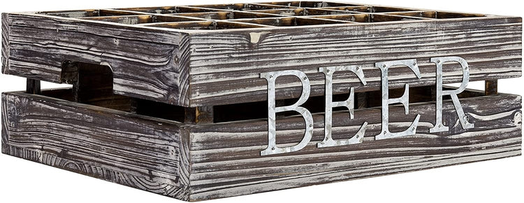 MyGift 12 Slot Rustic Torched Wood Beer Bottle Crate, Beverage Carrier  Caddy with Side Handles