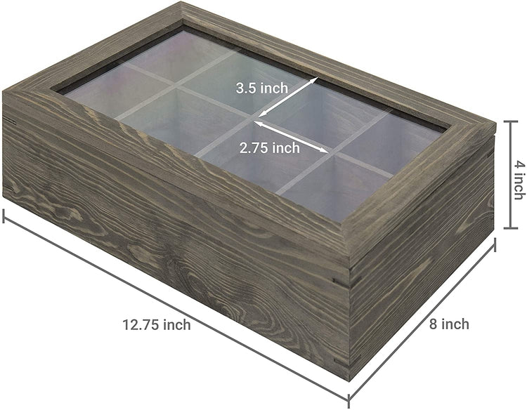 8 Compartment Gray Wood Tea Bag Storage Chest with Clear Lid, Magnetic Lid Tea Box-MyGift