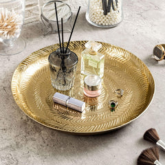 Round Etched Design Silver Tone Metal Serving Tray, Decorative Centerpiece  Platter Display for Dining and Coffee Table