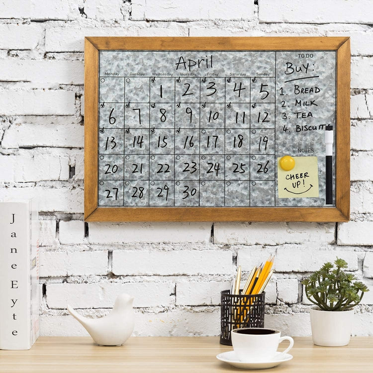 Wall Mounted Galvanized Silver Metal Dry Erase Board Calendar with Brown Wooden Frame-MyGift