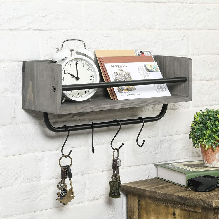 Gray Wood Wall Mounted Floating Display Shelf with Black Metal Hanger –  MyGift