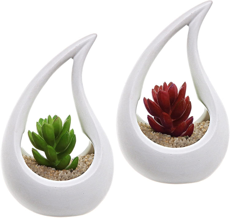 Set of 2, White Unglazed Ceramic Tear Drop Design Air Plant Vase, Tealight Candle Holder-MyGift