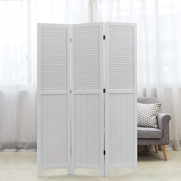 3-Panel Vintage White Room Divider Louvered Wood Folding Room Divider ...